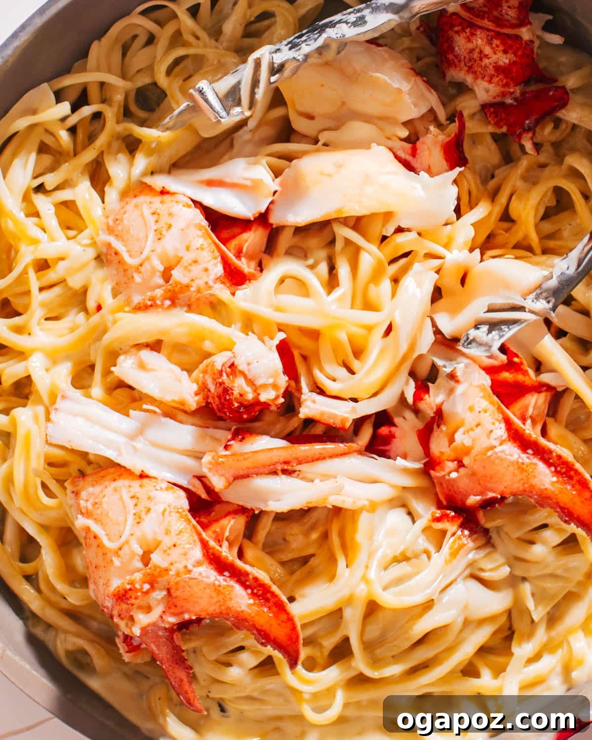 Luxurious Lobster Pasta with White Wine Cream Sauce 2 Lobster Pasta Recipe in a pan with tongs, showcasing rich cream sauce and tender lobster.