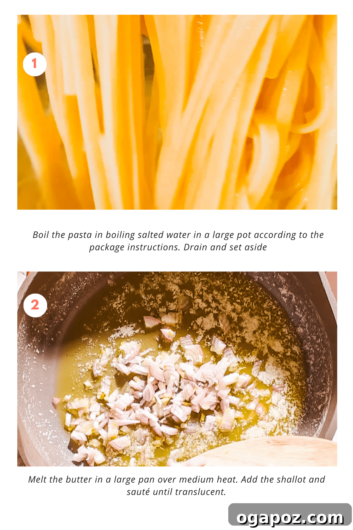 Luxurious Lobster Pasta with White Wine Cream Sauce 4 Sequential steps for preparing Lobster Pasta shown in a collage of images, from ingredients to finished dish.