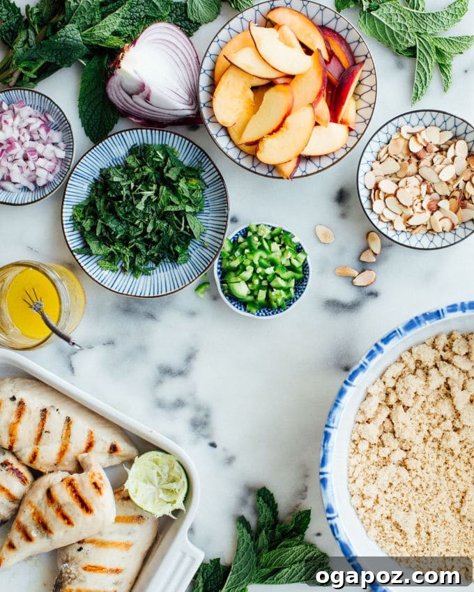 Refreshing Peach and Mint Grilled Chicken Couscous Salad 4 Plated Grilled Chicken & Couscous Salad with Peaches and Mint
