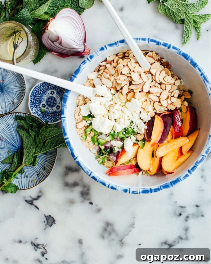 Refreshing Peach and Mint Grilled Chicken Couscous Salad 5 Ingredients for Grilled Chicken Couscous Salad laid out
