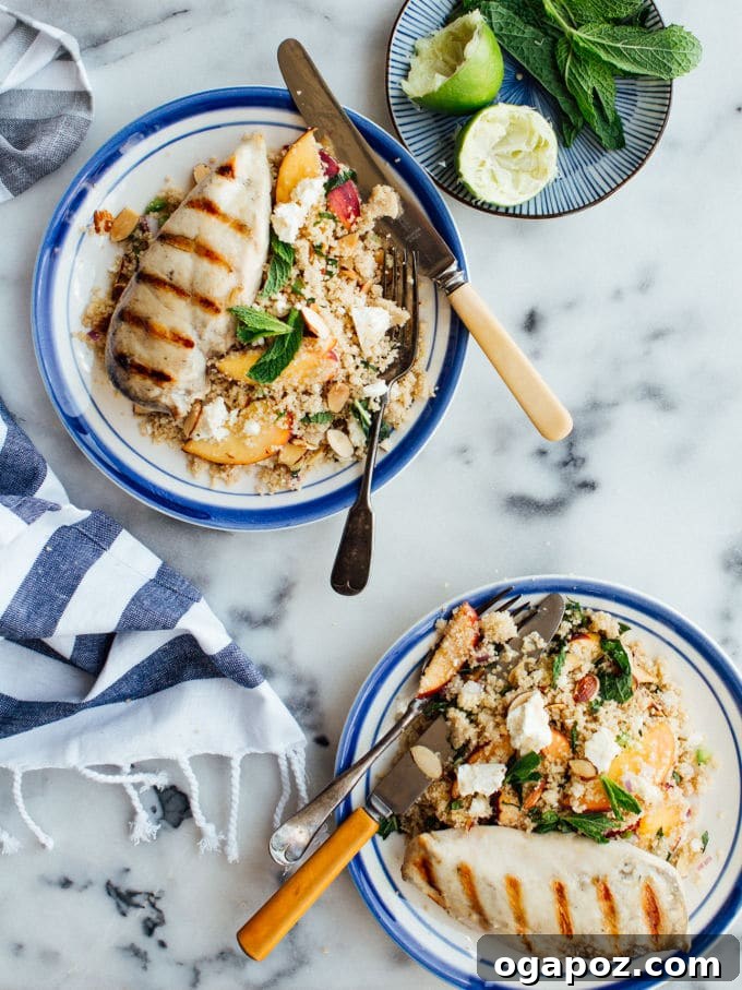 Refreshing Peach and Mint Grilled Chicken Couscous Salad 7 Serving bowl of Grilled Chicken Couscous Salad with Peaches & Mint