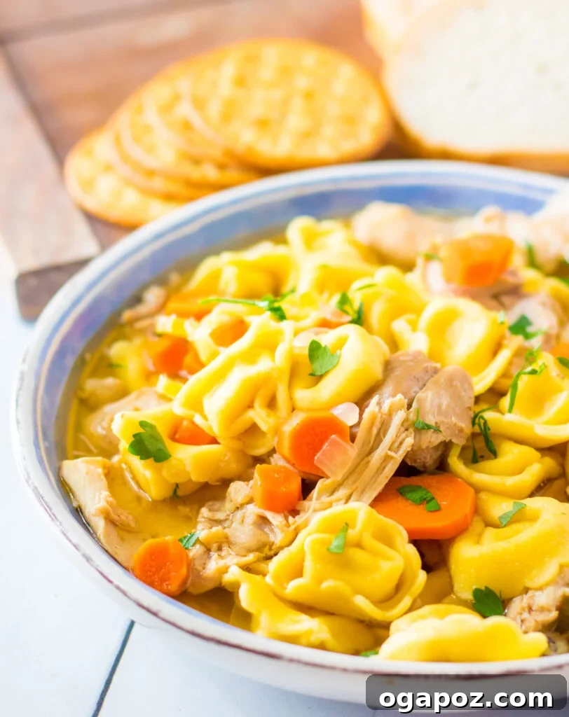 Chicken Tortellini Soup in a blue bowl, garnished with fresh herbs