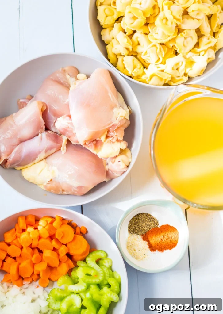 Fresh ingredients laid out for Slow Cooker Chicken Tortellini Soup preparation