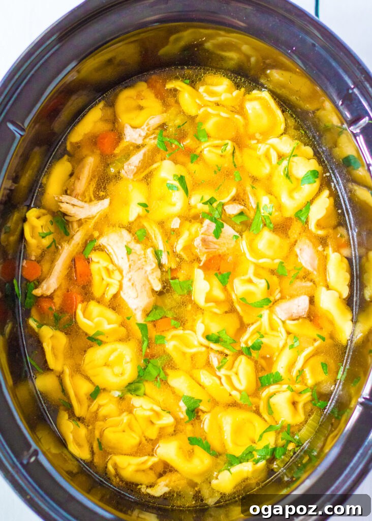 Chicken Tortellini Soup cooking in a slow cooker