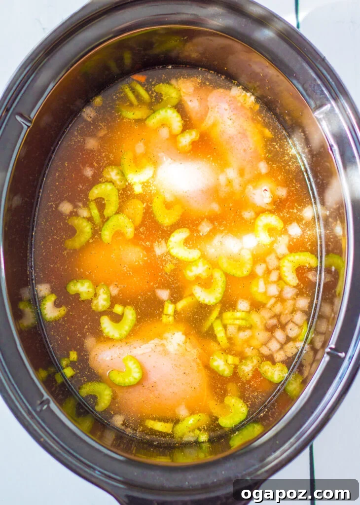 Chicken Tortellini Soup simmering in a slow cooker, nearly ready