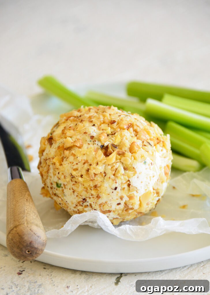 Your Guide to an Irresistible Cheese Ball 2 Delicious Homemade Cheese Ball served with celery sticks and crackers on a rustic wooden board, ready for a holiday party.