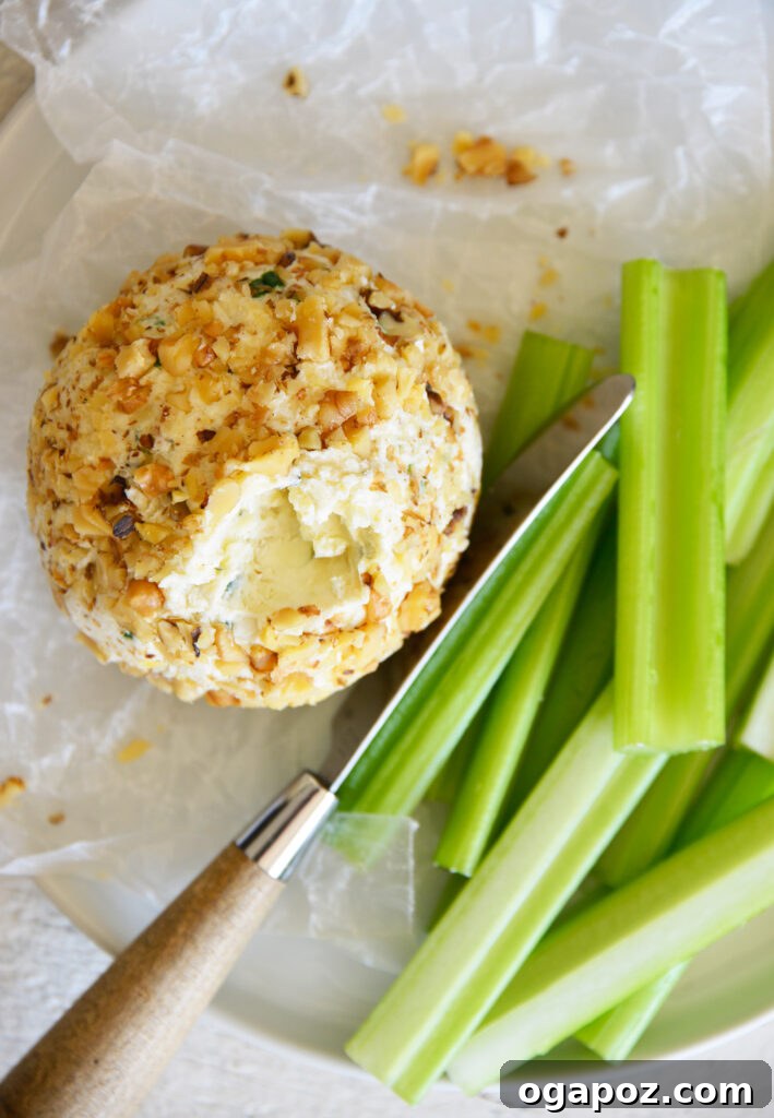 Your Guide to an Irresistible Cheese Ball 5 A beautifully presented cheese ball coated in walnuts, served on a white plate with crackers, ready to be enjoyed as a gourmet appetizer.