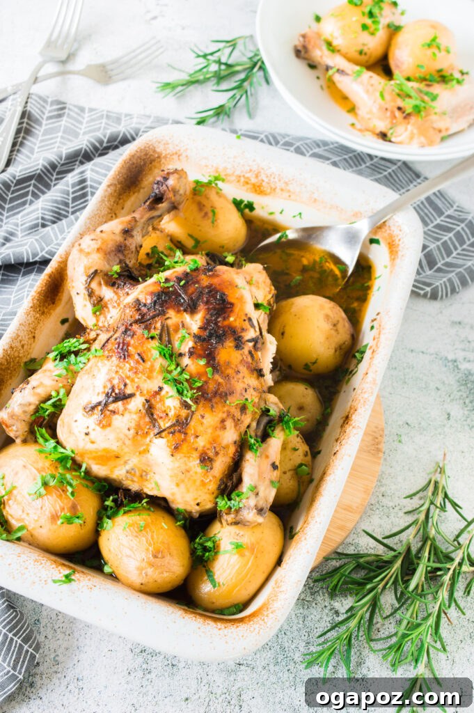 Golden Roasted Chicken with Crispy Herb Potatoes 3 Close-up of a perfectly cooked whole roasted chicken with crispy skin and herbs, surrounded by roasted potatoes in a pan