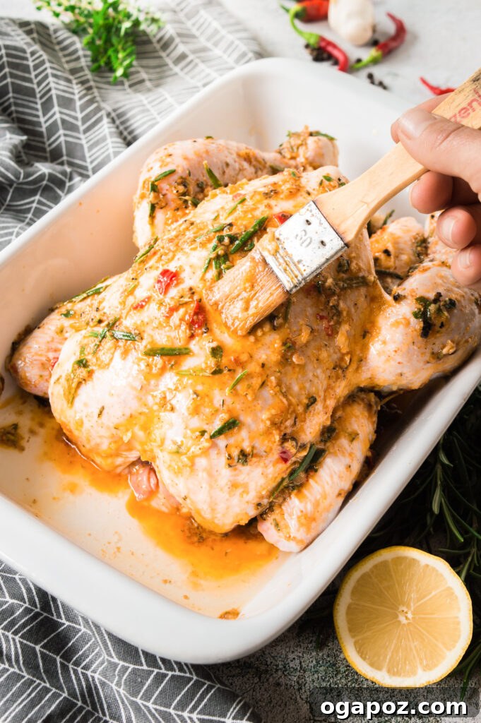 Golden Roasted Chicken with Crispy Herb Potatoes 5 Whole raw chicken generously coated with a rich herb butter rub, prepared in a roasting pan and ready for the oven
