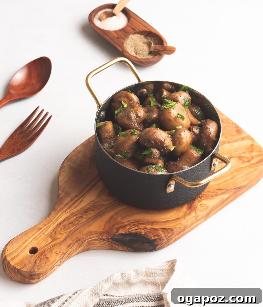 Savory Garlic Mushrooms 4 Garlic Sautéed Mushrooms on wood board