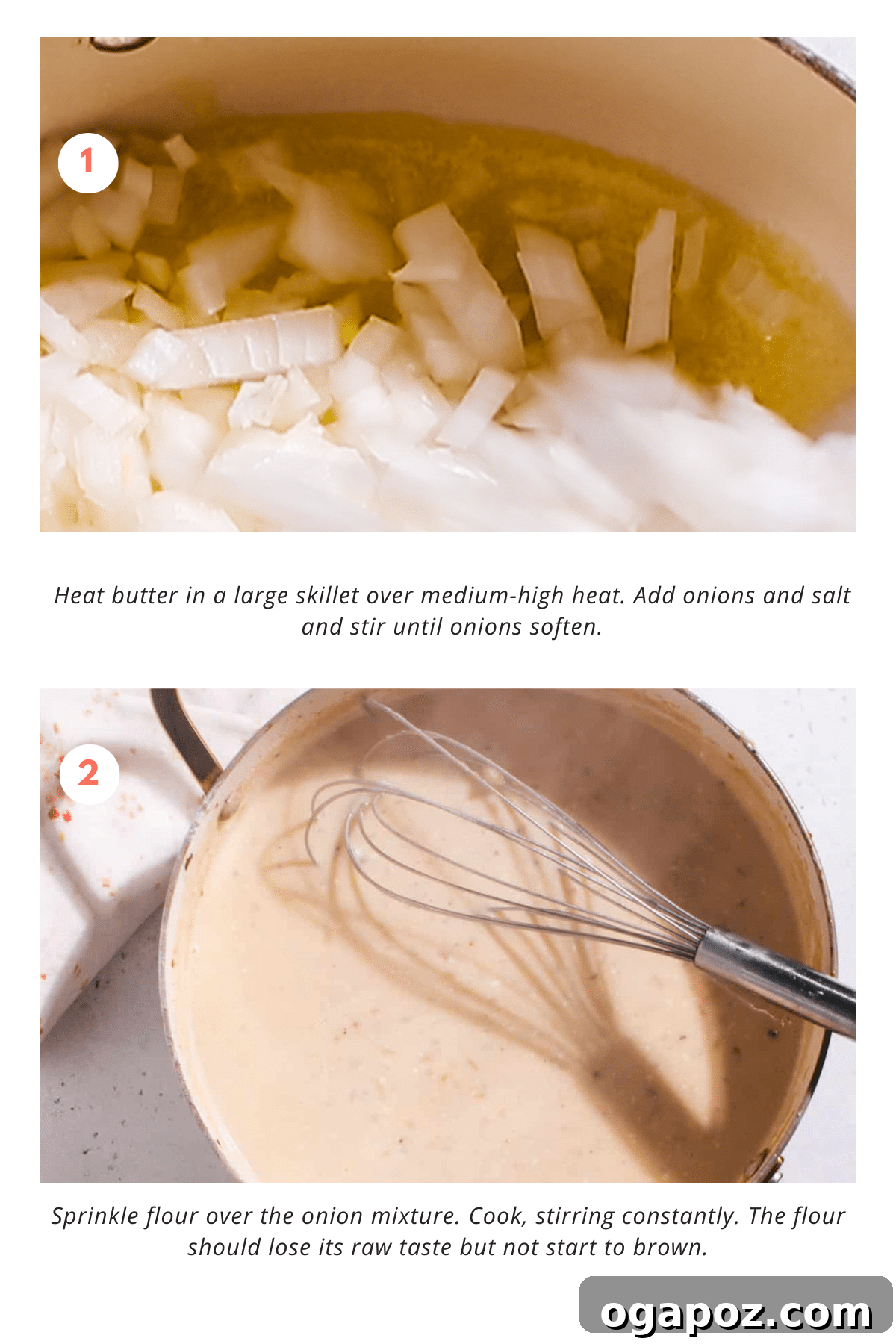 Effortless Comfort Chicken Potato Bake 4 A visual collage showing the preparation steps: dicing potatoes, cooking onions and garlic, and preparing the sauce base for the casserole.