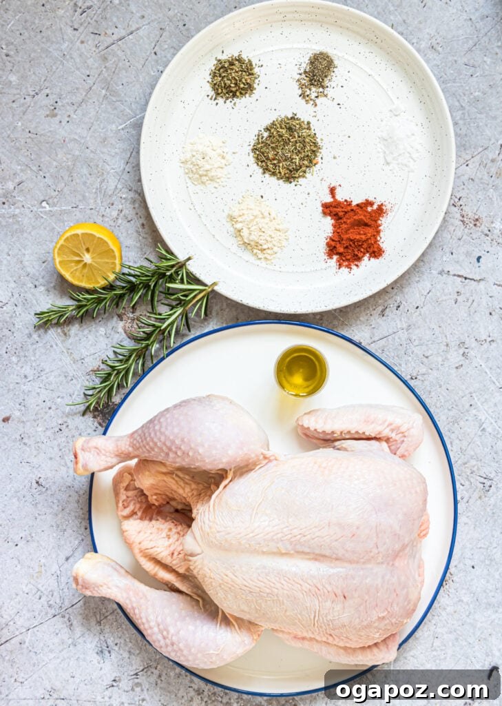 Succulent Instant Pot Rotisserie Chicken 4 Ingredients for Instant Pot Rotisserie Chicken laid out on a table