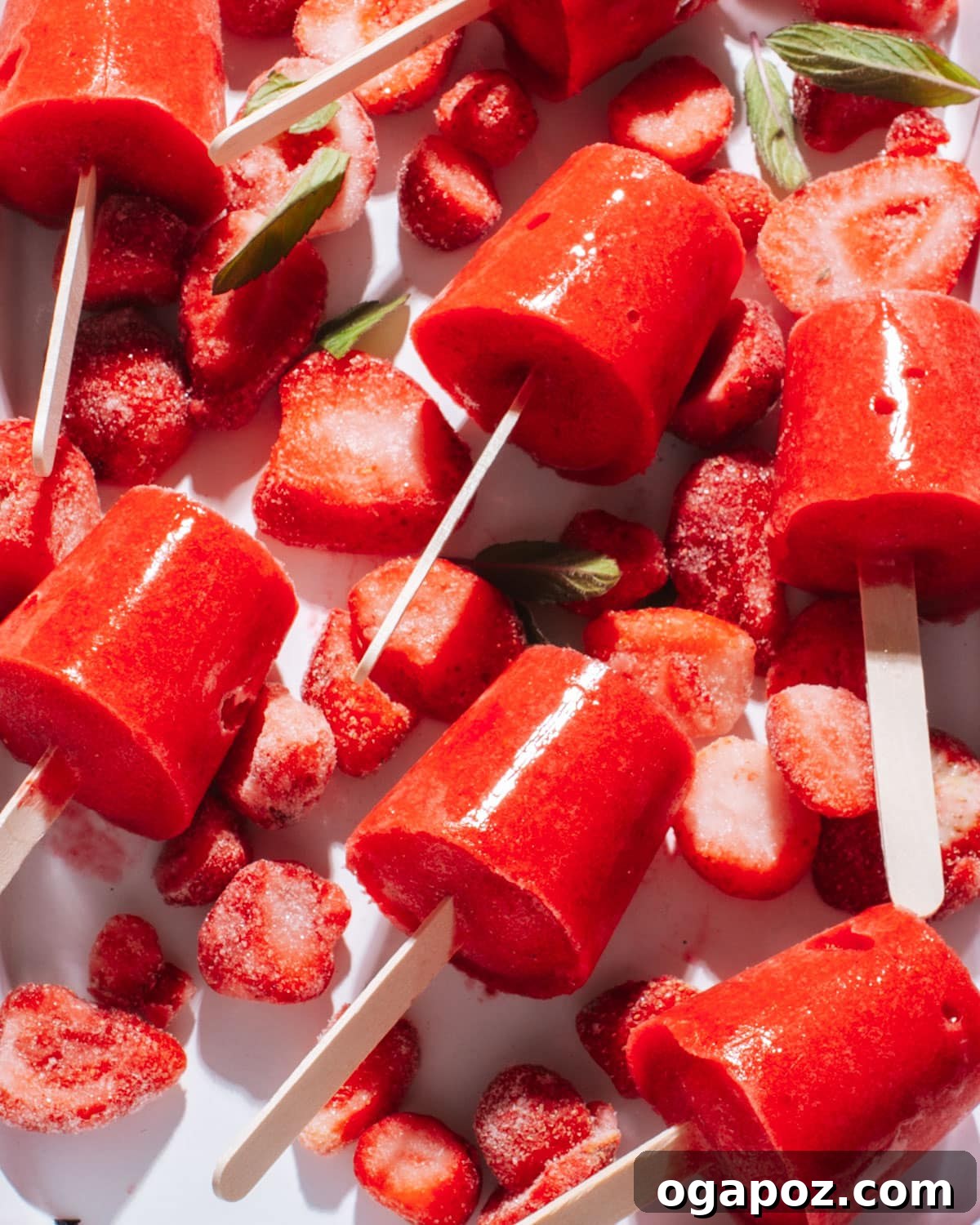 Bright red strawberry popsicles resting on a bed of frozen whole strawberries, highlighting their fresh and natural appeal.