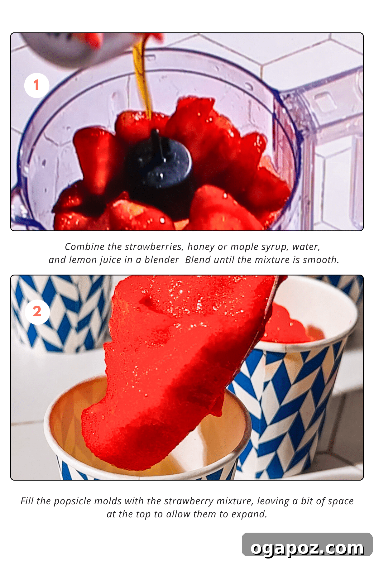 A visual step-by-step guide showing the process of blending ingredients, pouring into molds, inserting sticks, and the final frozen popsicles.