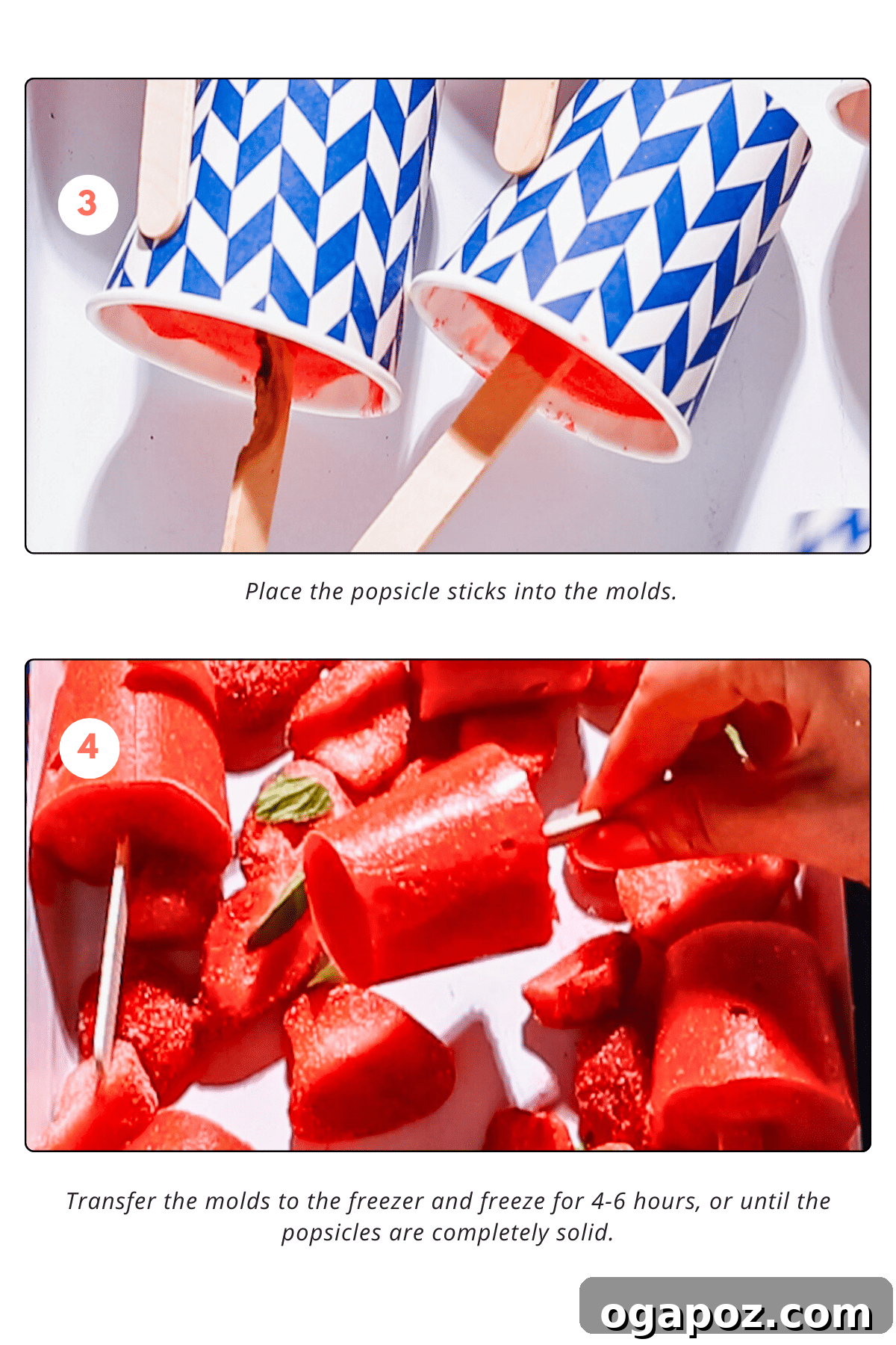 Another visual step-by-step guide showing the final stages: freezing the popsicles, and removing them from the molds under running water.