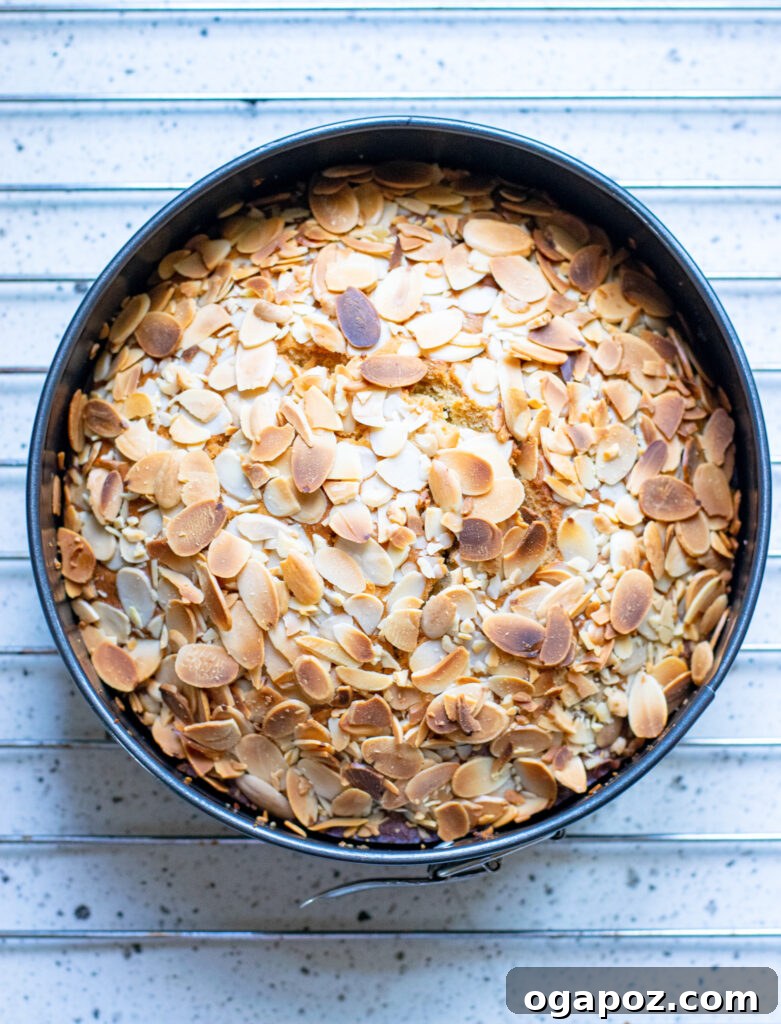 Heavenly Almond Cake 8 Almond Cake in the pan, showing the almond topping.