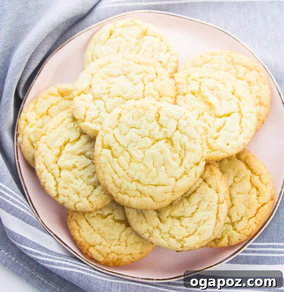 The Easiest Cake Mix Sugar Cookies 3 Close-up of Easy Cake Mix Sugar Cookies arranged on a charming pink plate.