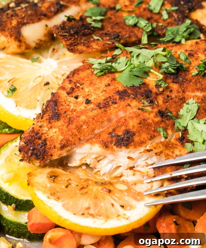 Effortless Blackened Tilapia 10 A fork taking a piece of Easy Blackened Tilapia Fish from a plate with roasted vegetables