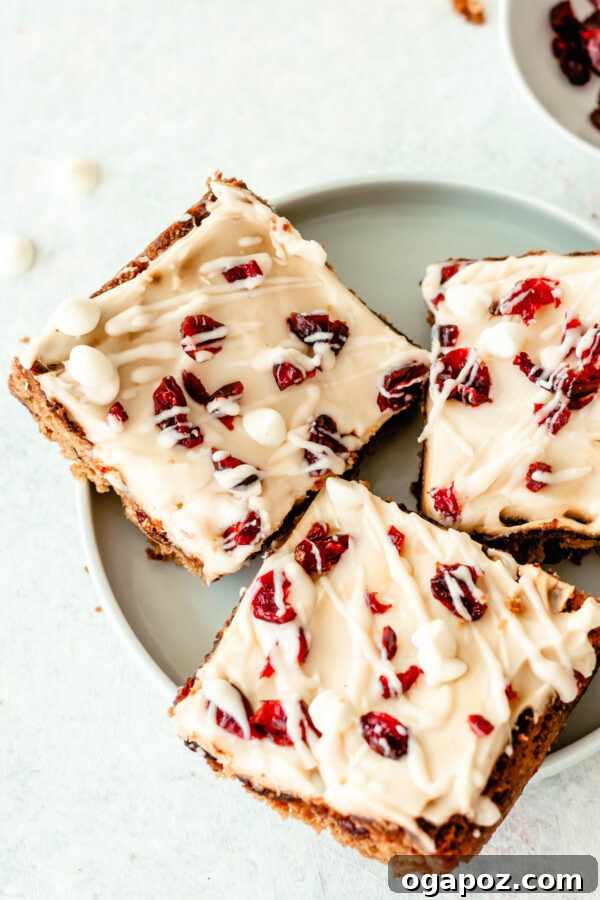 Crimson Cranberry Dream Bars 4 A single Cranberry Bliss Bar on a white plate, showcasing the frosting and cranberry garnish