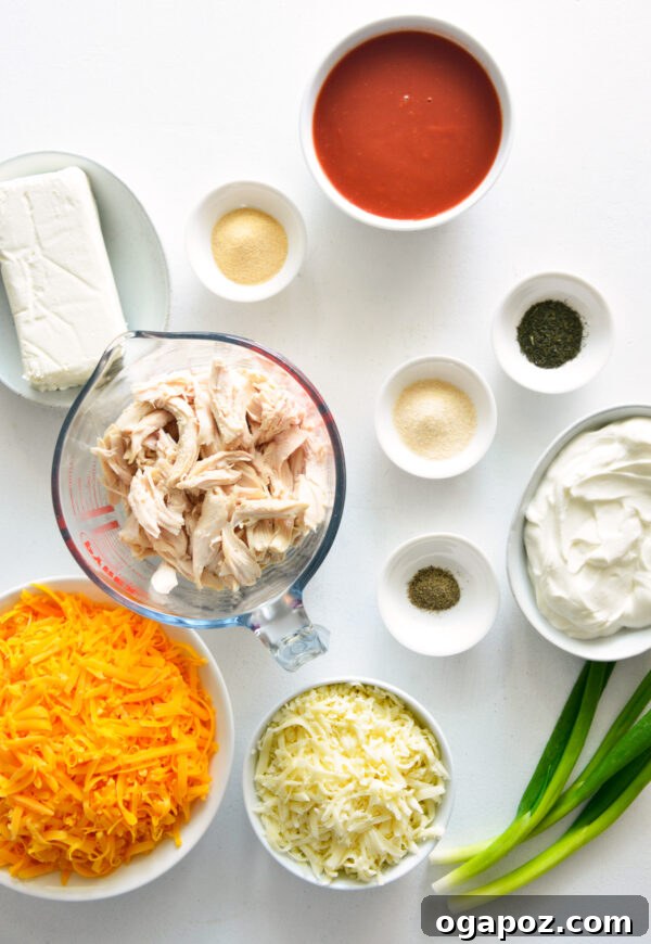 Ultimate Buffalo Chicken Dip Recipe 3 Ingredients for homemade Buffalo Chicken Dip laid out on a table