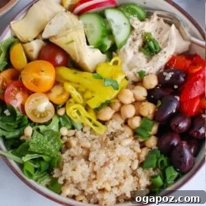 Overhead view of a complete Greek Quinoa Bowl
