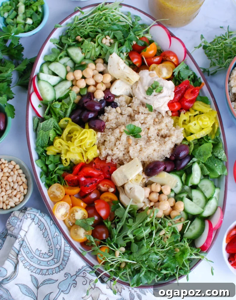 Zesty Greek Quinoa Nourish Bowl 7 Single Greek Quinoa Bowl ready to eat, showing texture and colorful toppings