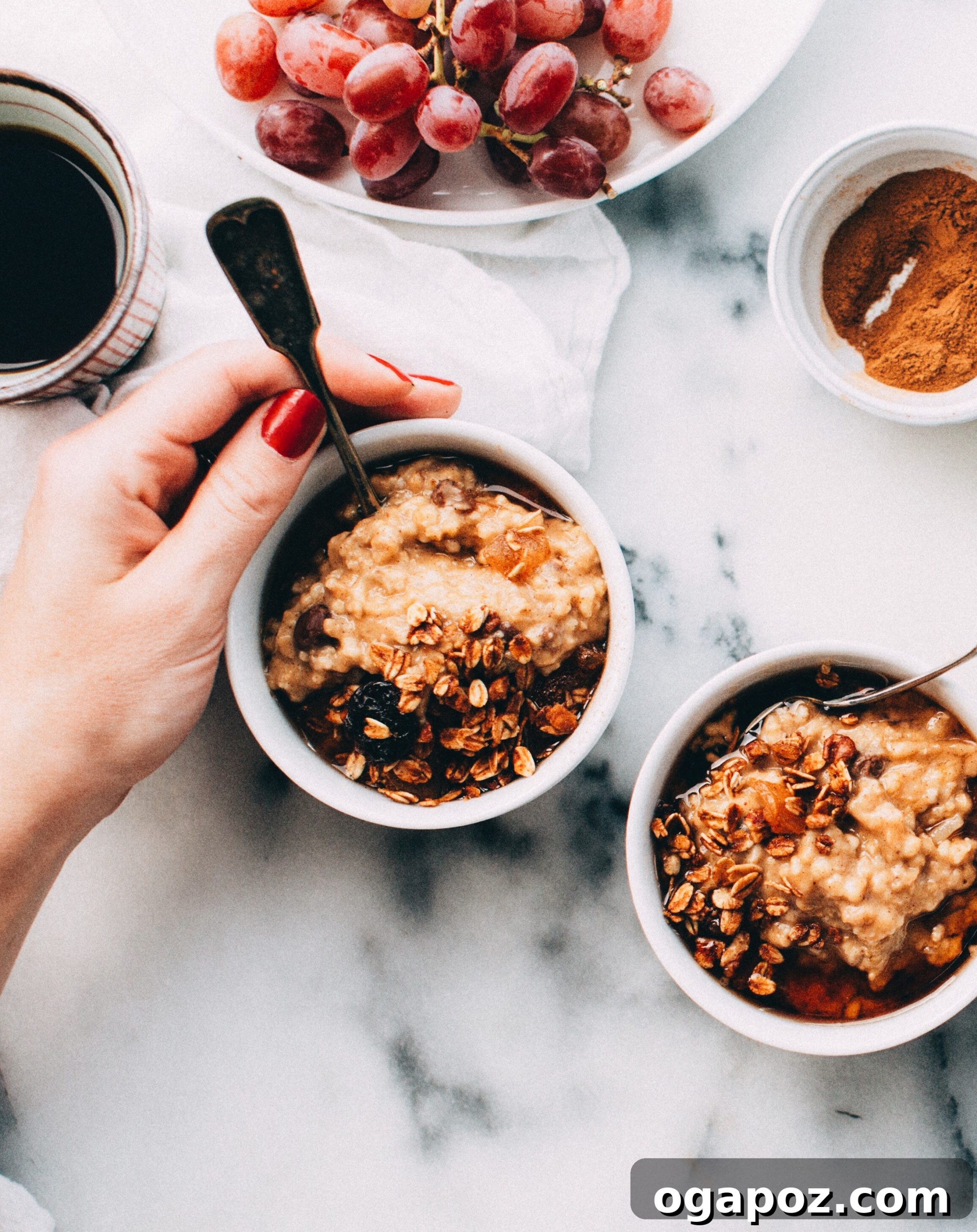 Morning Magic Pumpkin Spice Slow Cooker Oats 2 A bowl of creamy slow cooker pumpkin spice steel cut oatmeal, garnished with nuts and a drizzle of maple syrup.