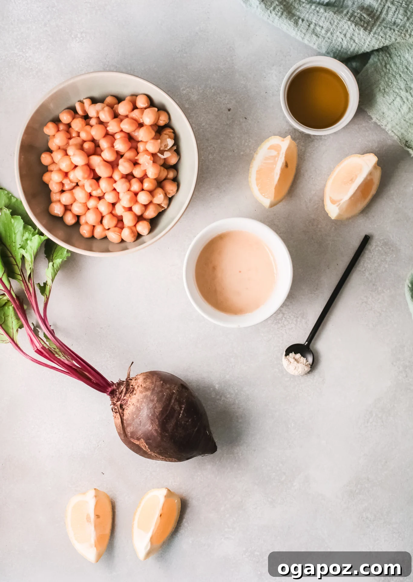 Vibrant Beetroot Hummus 3 All ingredients for Easy Beet Hummus laid out on a table