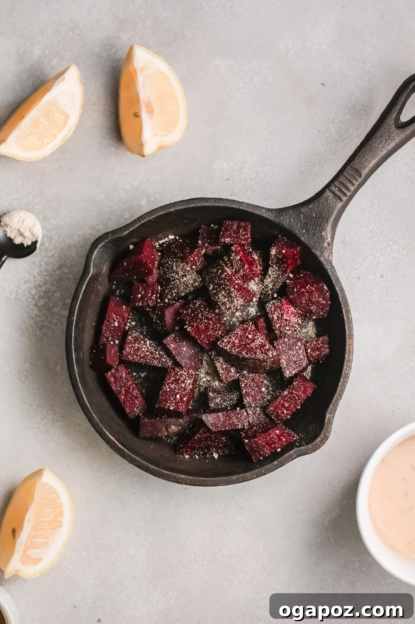 Vibrant Beetroot Hummus 6 Roasted beets in a food processor, ready to be blended for hummus