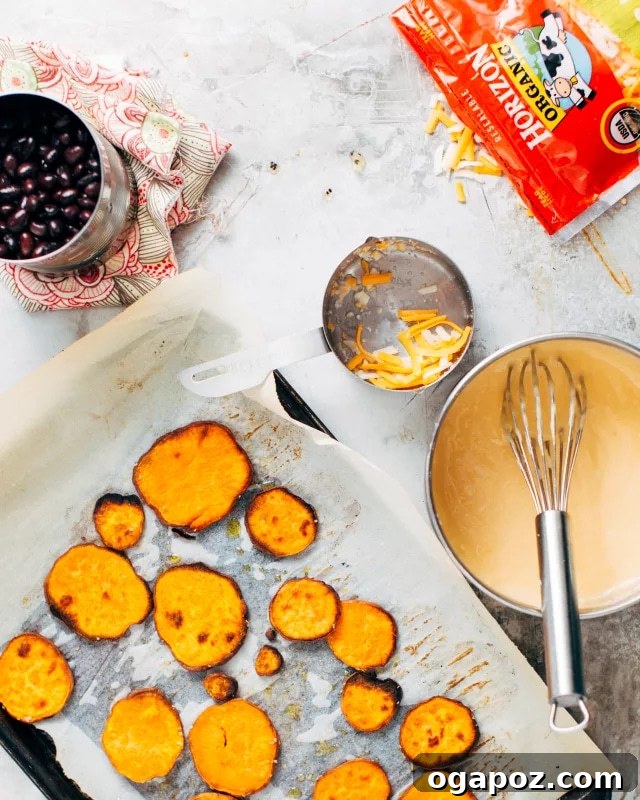 Loaded Sweet Potato Nachos with a Quick 3-Ingredient Cheese Sauce 3 Close-up of Sweet Potato Nachos with Cheese Sauce