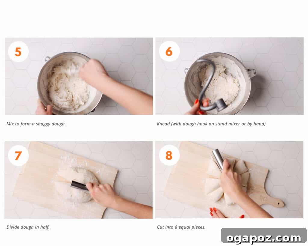 Pillowy Soft, Perfectly Stretchy Garlic Naan 5 Collage illustrating steps 5 through 8: dividing the dough, shaping into balls, oiling parchment paper, and letting the dough rise.