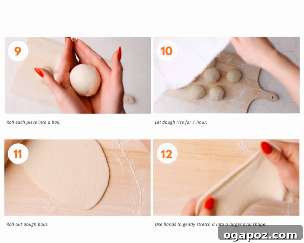 Pillowy Soft, Perfectly Stretchy Garlic Naan 6 Collage showing steps 9 through 12: rolling dough into thin oblongs, resting, preheating skillet, and cooking naan.