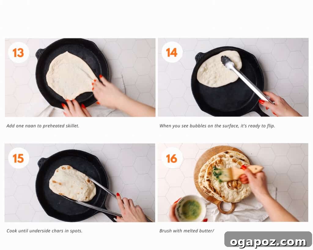 Pillowy Soft, Perfectly Stretchy Garlic Naan 7 Collage showing the final stages of cooking naan: bubbles forming, flipping to char, and brushing with garlic butter.