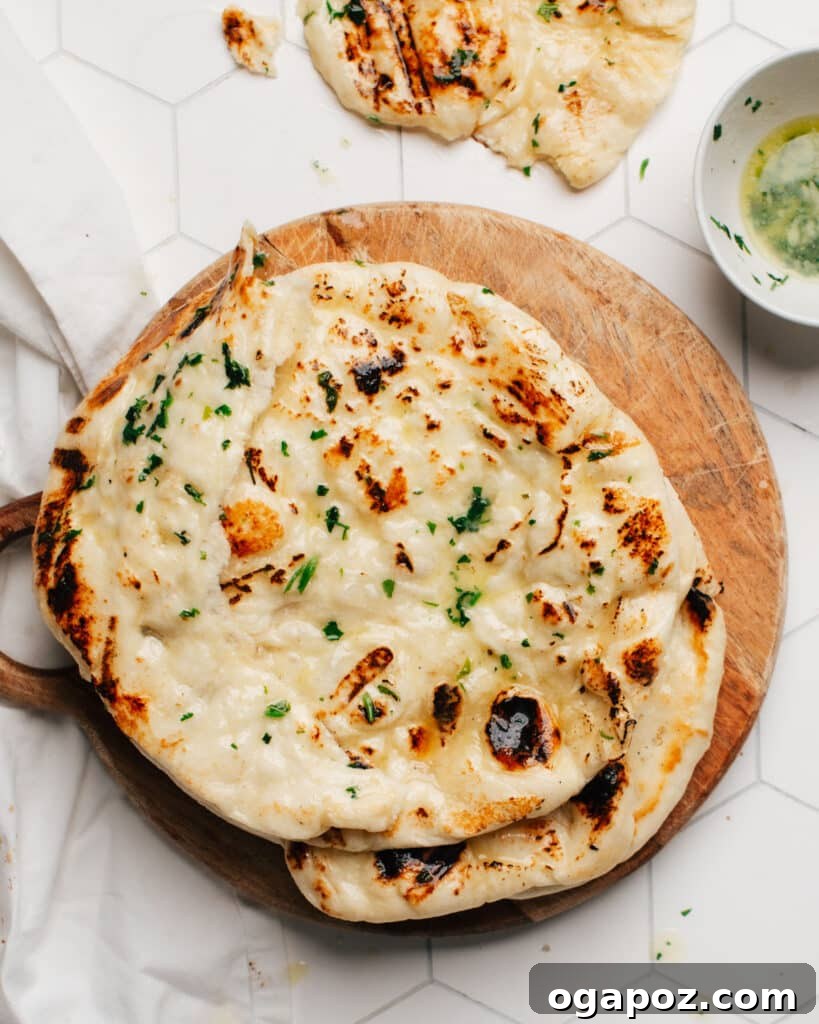 Pillowy Soft, Perfectly Stretchy Garlic Naan 10 Close-up of a beautifully cooked garlic naan, showing its puffed texture and light char marks.