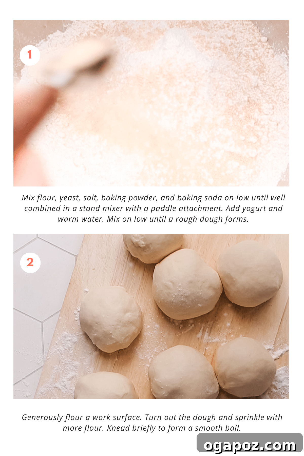 Gooey Cheese Naan 4 Visual steps for making cheese naan, showing dough mixing, kneading, and rising.