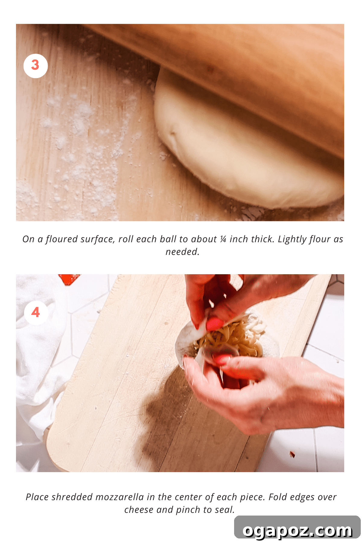 Gooey Cheese Naan 5 Further steps in making cheese naan, showing dough balls resting and being rolled out.