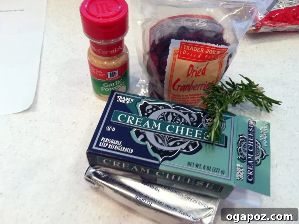Fresh ingredients for a festive dip Ingredients for Rosemary Cranberry Spread: cream cheese, dried cranberries, fresh rosemary, garlic powder