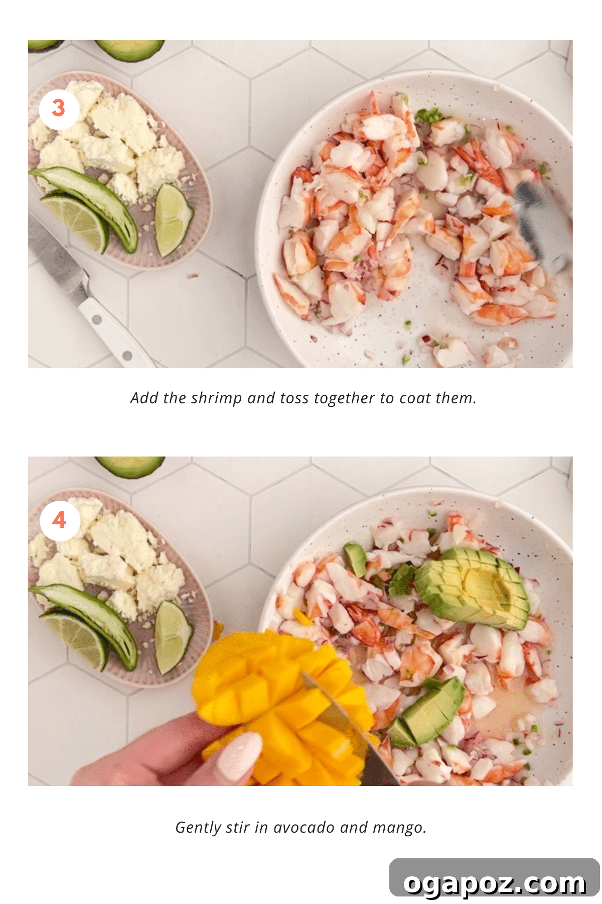Fiery Lime Shrimp Aguachiles 5 Aguachiles steps, final presentation in a bowl with tortilla chips.