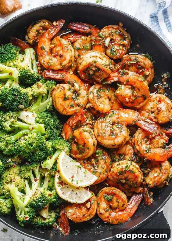 Healthy Shrimp Dinners You'll Crave 12 Hearty Garlic Butter Shrimp and Broccoli Skillet in a pan.