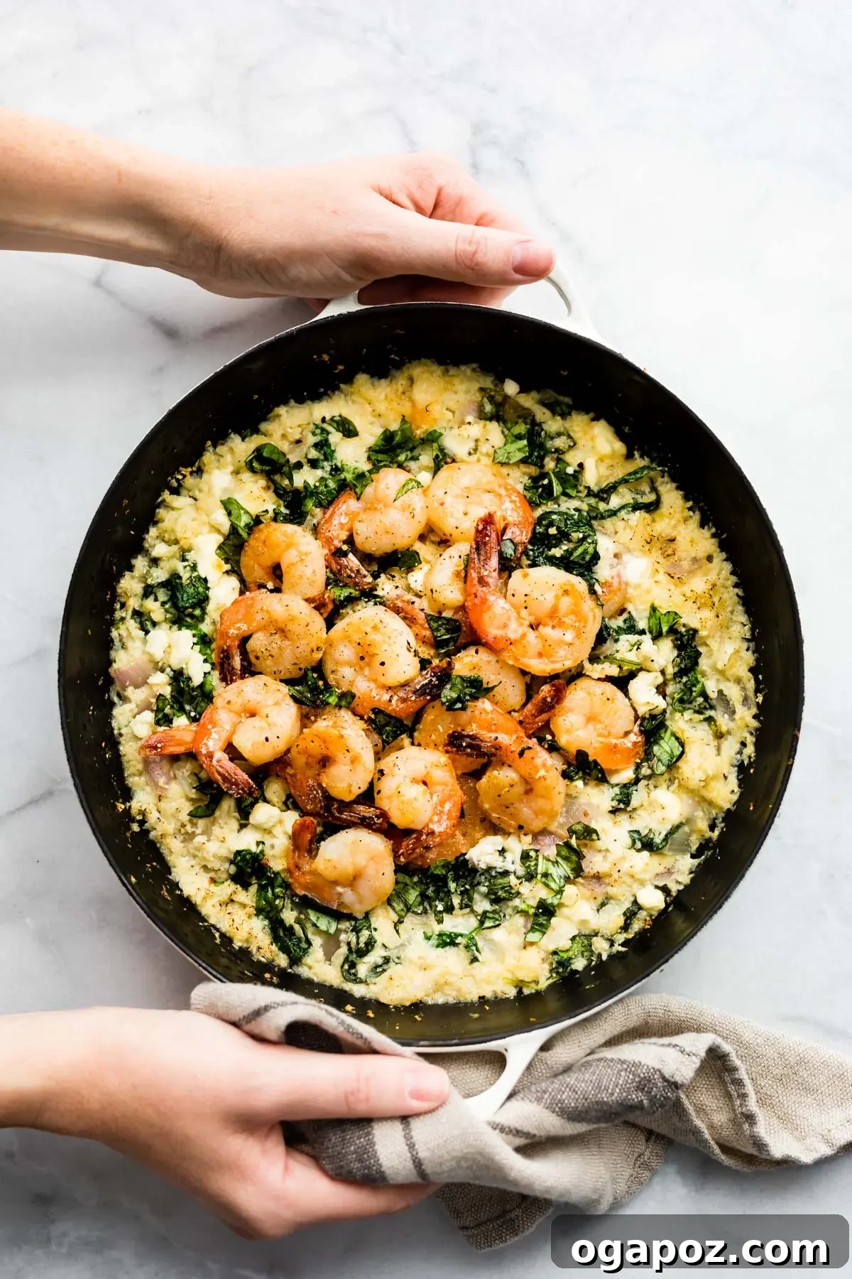 Healthy Shrimp Dinners You'll Crave 18 Savory One-pan Shrimp and Cauliflower Risotto in a skillet.