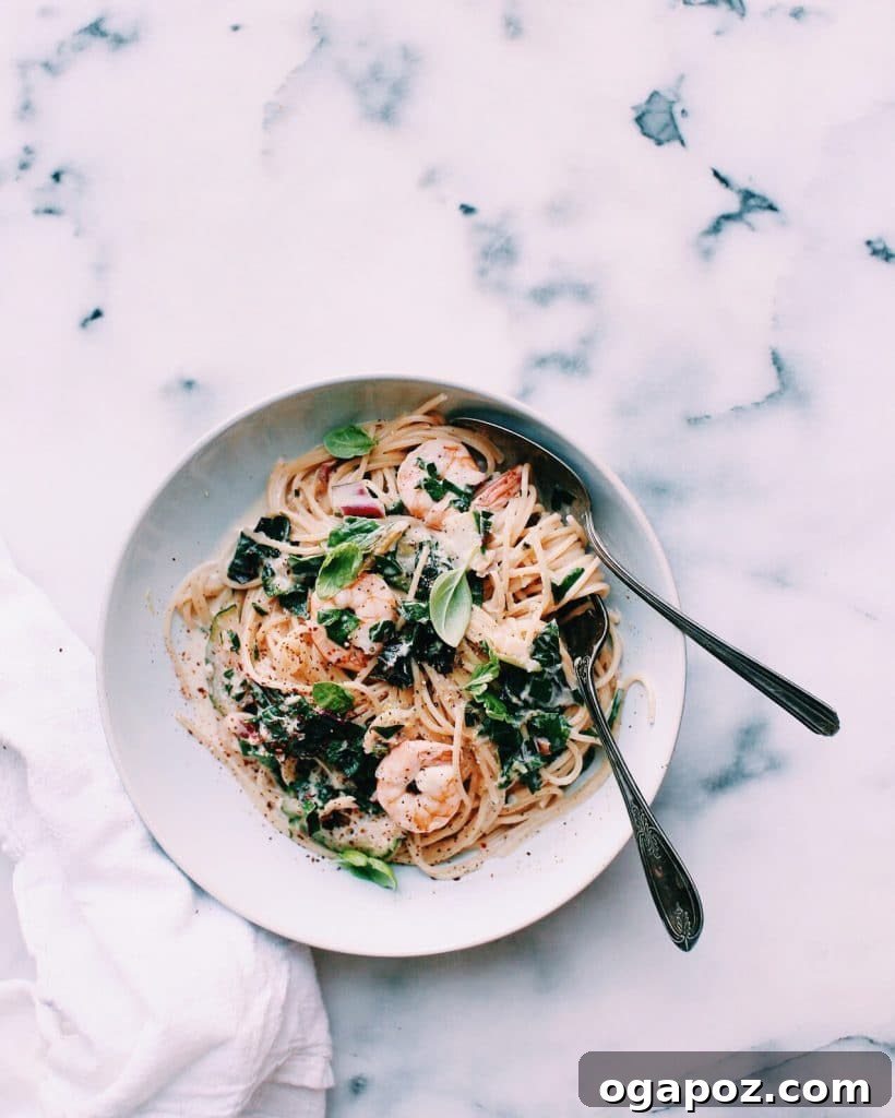 Healthy Shrimp Dinners You'll Crave 7 Delicious Lighter Shrimp Alfredo with Chard and Zucchini.