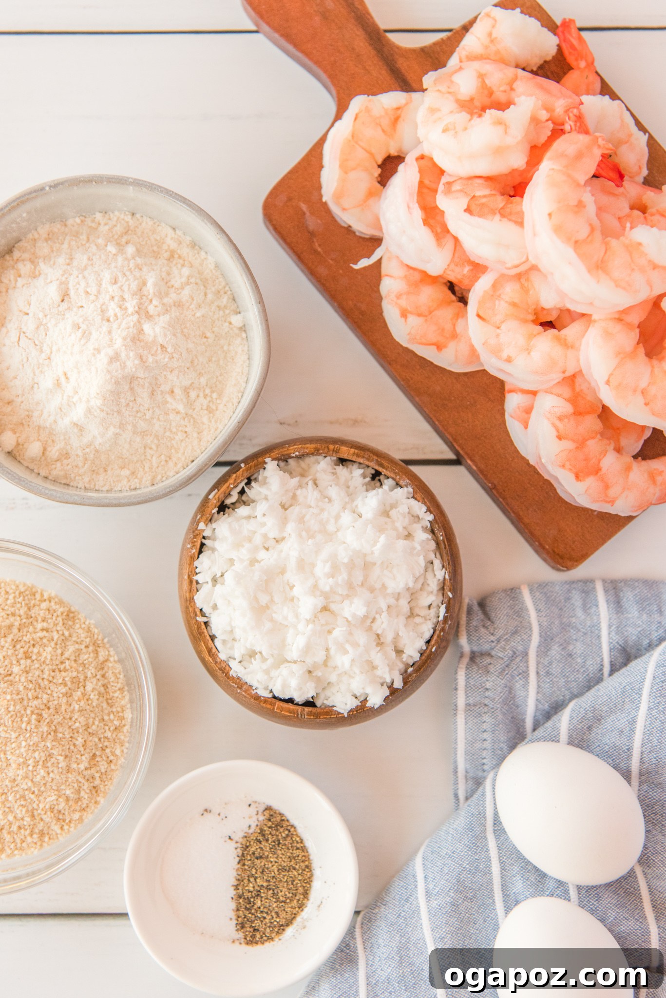 Crispy Air-Fried Coconut Shrimp 3 Air Fryer Coconut Shrimp ingredients laid out.