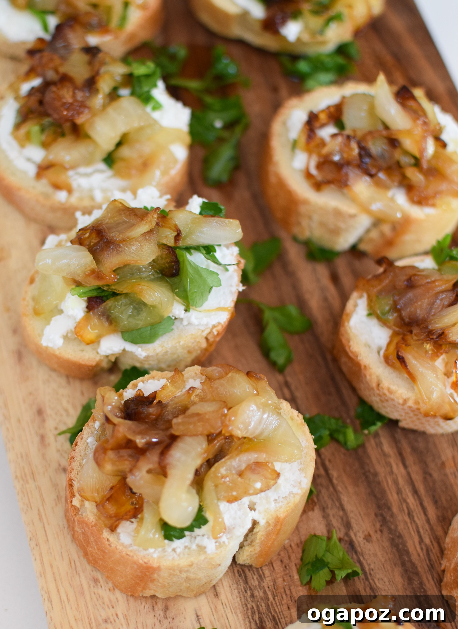 Gourmet Beef Crostini with Sweet Onion Jam 7 Assembled Beef Crostini with Caramelized Onion and Goat Cheese, with a generous topping of caramelized onions before the beef is added.