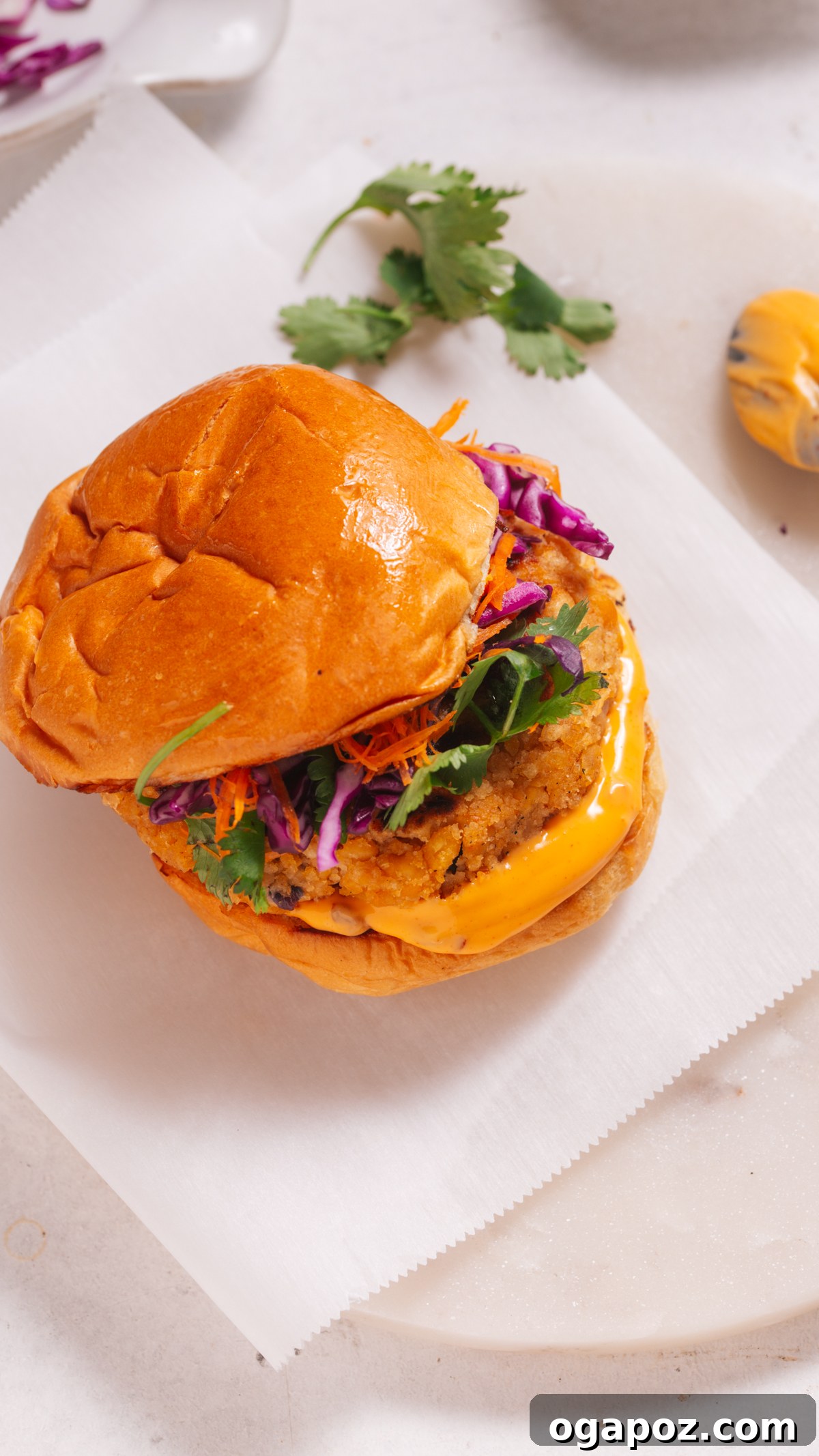 Savory Chickpea Patties 4 A perfectly cooked chickpea burger ready to be served on a bun.