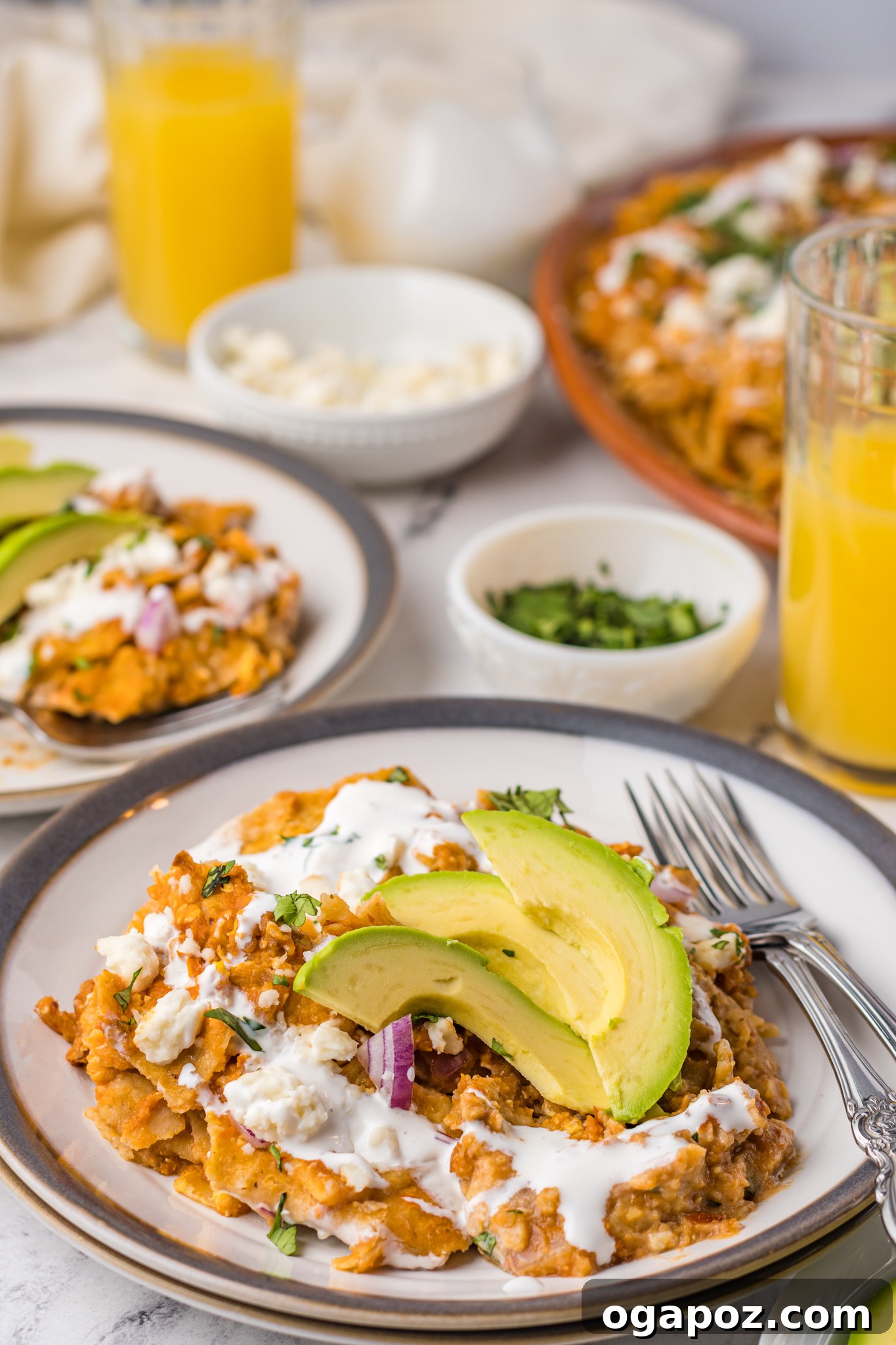 Authentic Mexican Chilaquiles Rojos 12 A plate of Chilaquiles Rojos ready to be eaten, with a fork resting beside it.