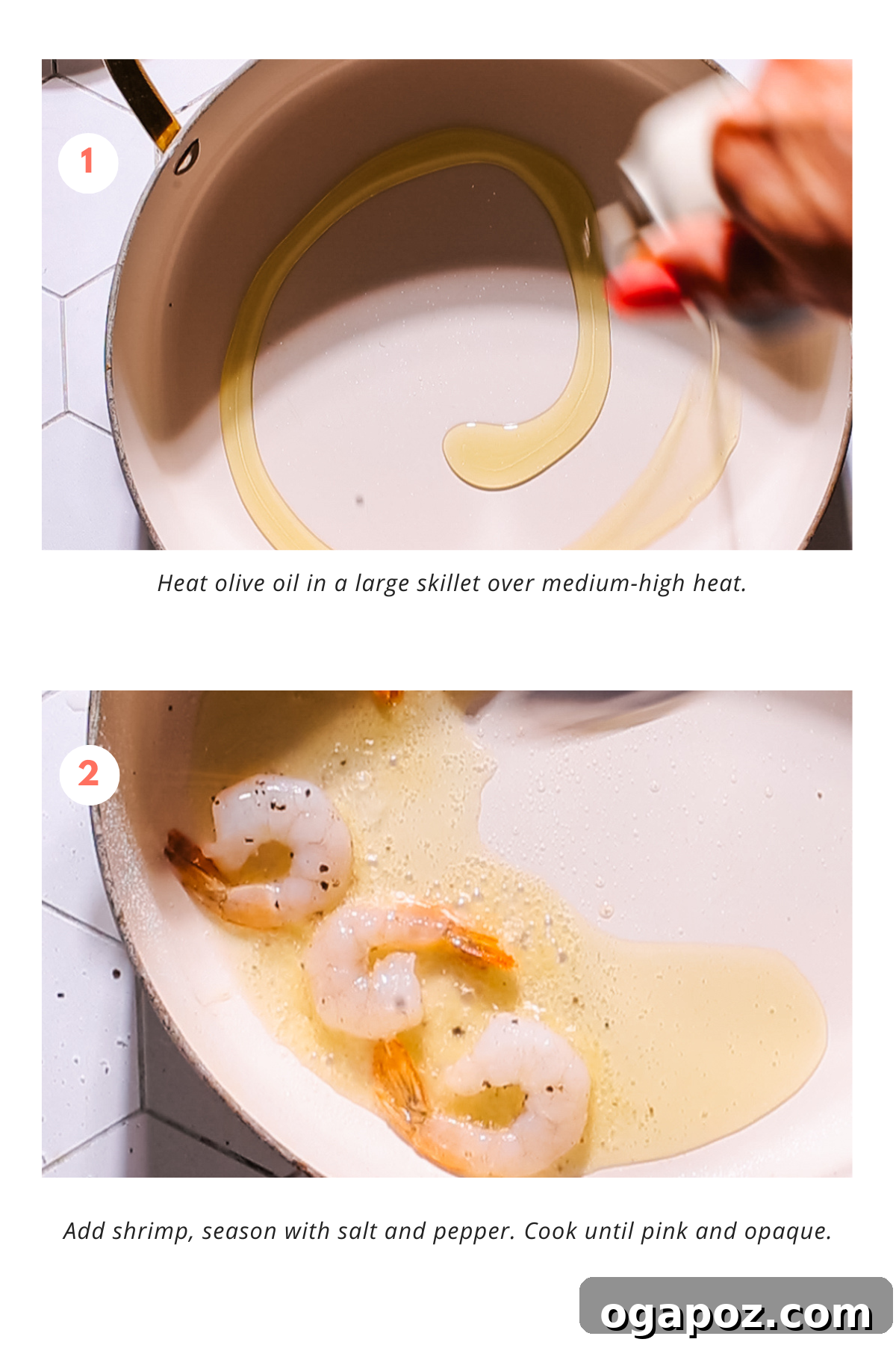 Zesty Lemon Cream Shrimp Pasta 5 Step-by-step image collage showing the cooking process of shrimp pasta: cooking pasta, searing shrimp, and starting the sauce.