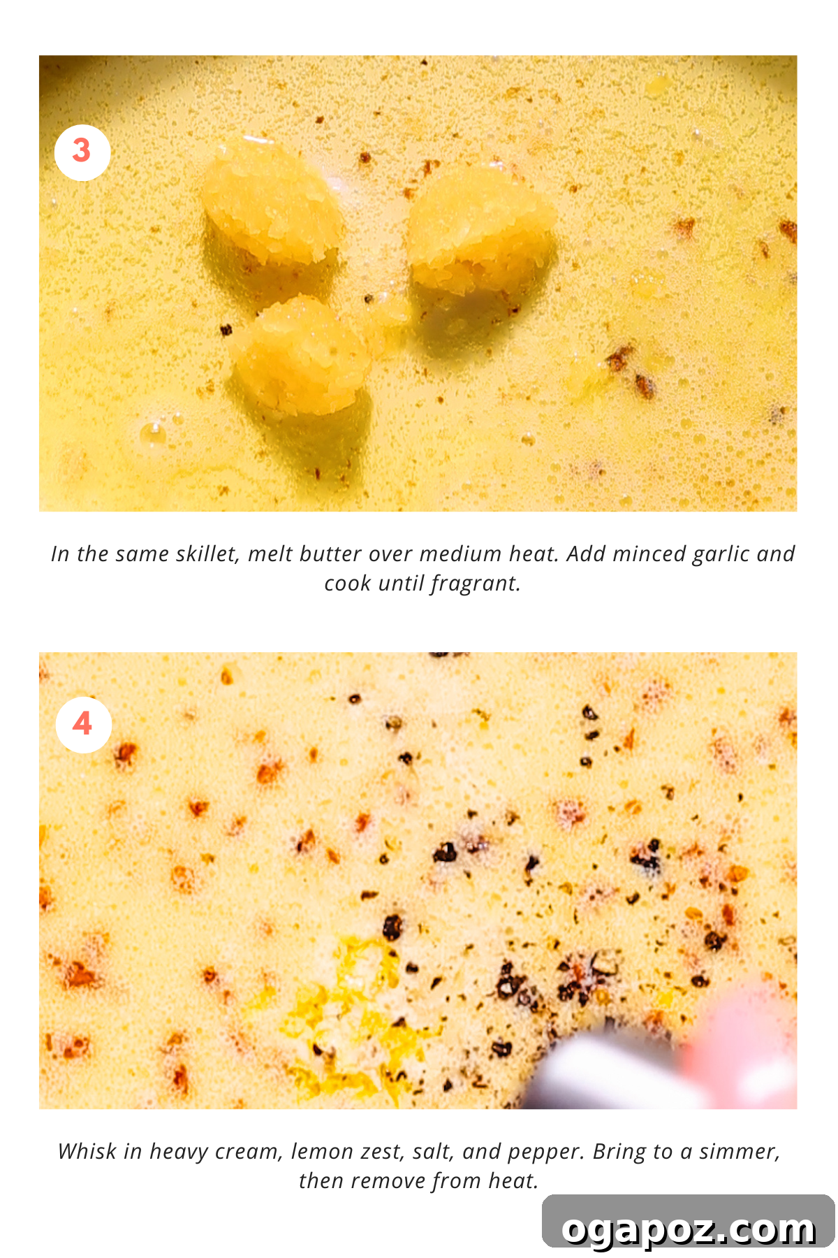 Zesty Lemon Cream Shrimp Pasta 6 Detailed image showing the process of making the creamy lemon garlic sauce in a skillet after the shrimp have been seared.