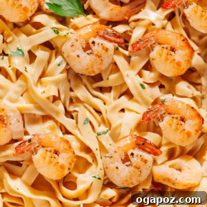Close-Up Image of Shrimp pasta, showcasing its texture and rich sauce.