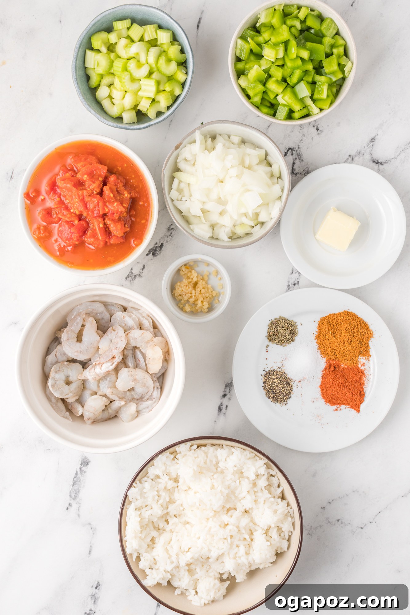 Spicy Shrimp Creole Delight 3 Shrimp Creole Recipe ingredients laid out on a wooden board, showcasing fresh produce and spices.