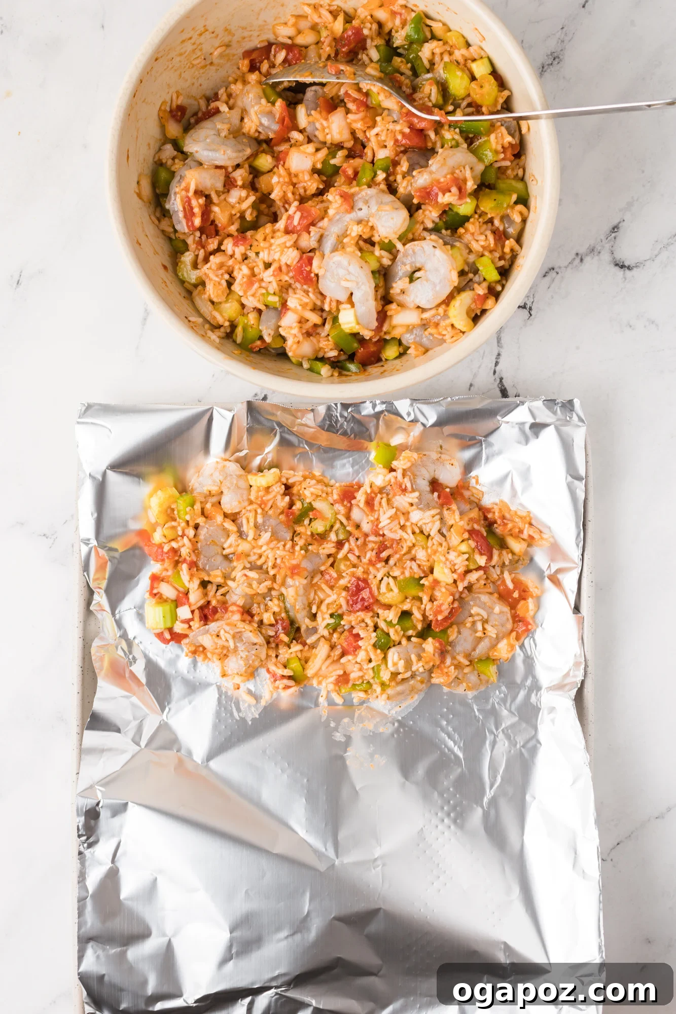 Spicy Shrimp Creole Delight 6 Shrimp Creole Recipe mixture neatly divided into individual foil packets.